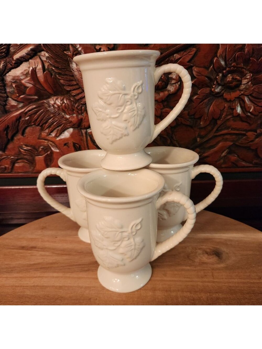 Set Of 4 Home & Garden Party Stoneware Pedestal Mugs Embossed Ivy Vine 8 oz.